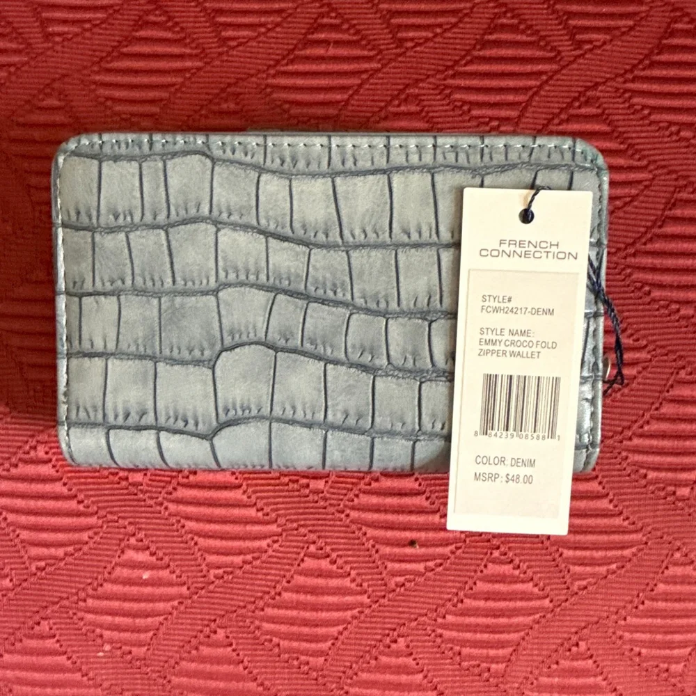 French Connection Emmy Denim Croco Fold Zipper Wallet with Silver Hardware - Picture 2 of 7